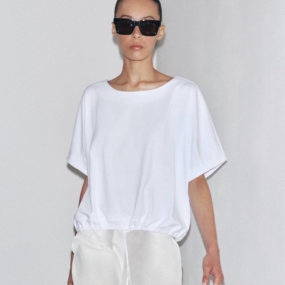 Zara Gathered White Boxy Drawstring Hem Cotton Top T-Shirt Size Small